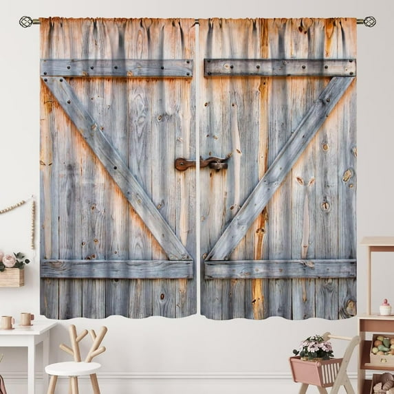 Farmhouse Barn Door Curtains Rustic Wood Country Vintage Rural Blue Grey Wooden Plank Cabin Barnwood Curtain with Rod Pocket Home Decor Drapes Window Treatments 2 Panels Set 42x63 Inch