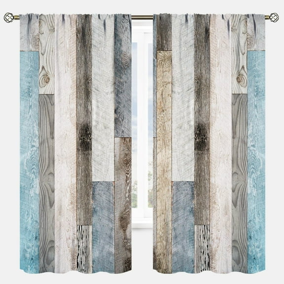 Farmhouse Barn Door Curtains Rustic Wood Country Western Vintage Rural Blue Wooden Plank Cabin Window Treatments for Men Women Living Room Drapes Grey Rod Pocket 84x84 Inch