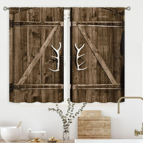 Farmhouse Barn Door Kitchen Curtains Rod Pocket 27.5(W) x 39(L) Inch Brown Wooden Rustic Garage Gate Vintage Country Antler Handles Modern Art Short Design Print Window Drapes 2 Panels Set