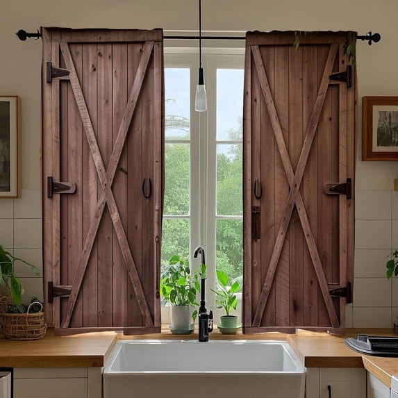 Farmhouse Barn Door Kitchen Curtains Vintage Country Small Short Wood Window Drapes Rustic Brown Farm Wooden Window Curtains for Bathroom Bedroom 2 Panels Window Treatment Tiers 26x36 Inch