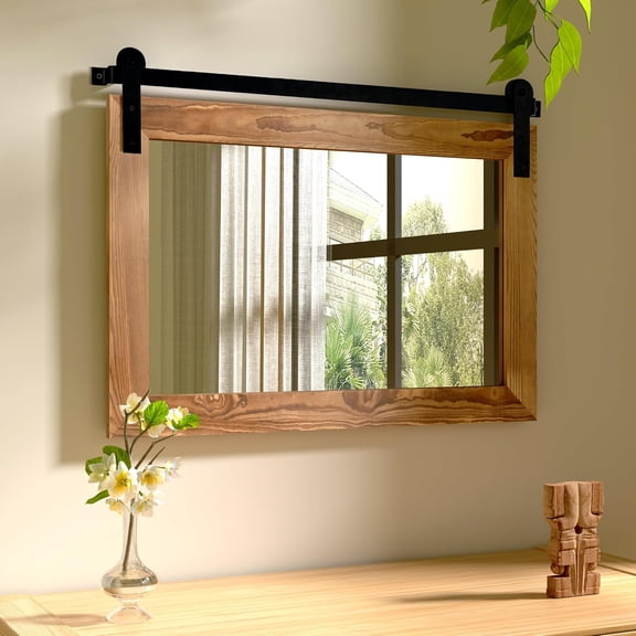 Farmhouse Barn Door Mirror - 25 X 18 Rustic Wood Framed Decrative Mirror for Bathroom, Living Room, Entryway Wall Decor (Brown)