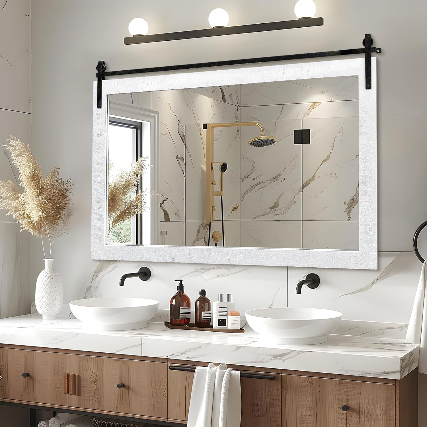 Farmhouse Barn Door Mirror, 25" x 38" Rustic Bathroom Mirror, Wood Framed Wall Mirror ...