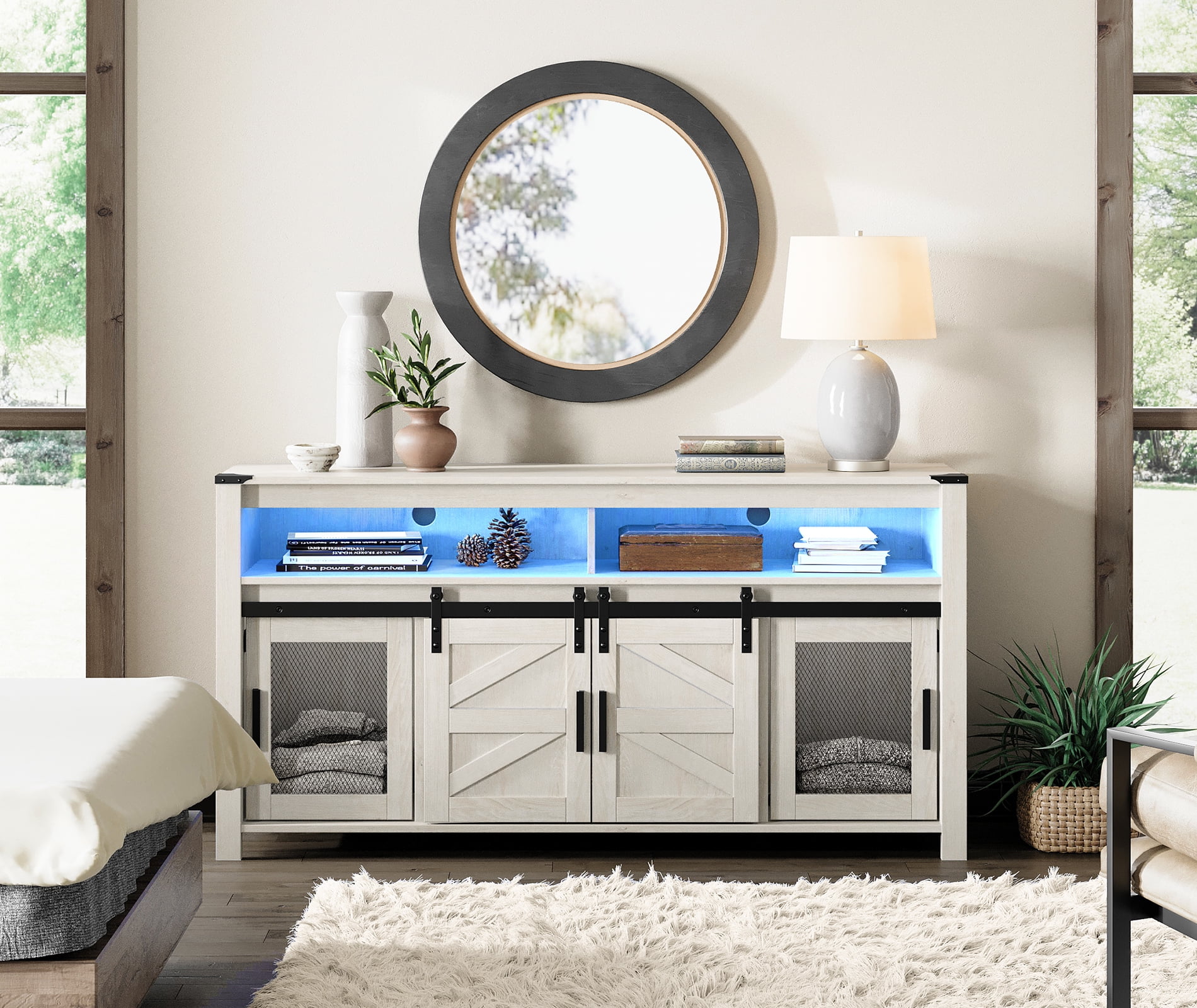 Farmhouse Barn Door TV Stand with Blue LED Lights Strips for TVs up to 65", Antique White Entertainment Center with Adjustable Shelf for Living Room, Bedroom
