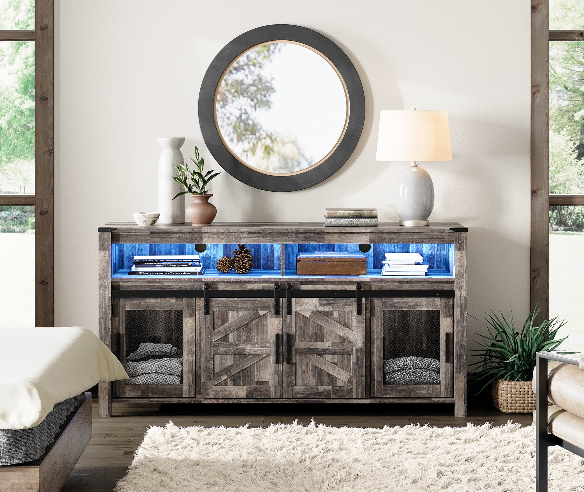Farmhouse Barn Door TV Stand with Blue LED Lights Strips for TVs up to 65", Rustic Brown Entertainment Center with Adjustable Shelf for Living Room, Bedroom