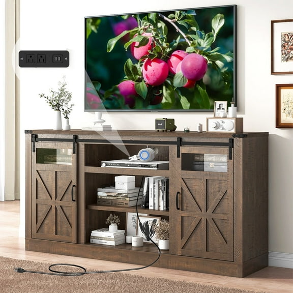 Farmhouse Barn Door TV Stand for up 75" TVs w/ Outlets & USB, 33.5" Tall Entertainment Center Media Console Cabinet w/ Transparent Glass