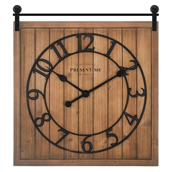 Farmhouse Barn Door Wall Clock, Brown Wood Shiplap Style, Silent Movement