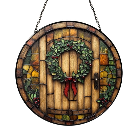 Farmhouse Barn Door Wreath Scene Stained Glass Window Hanging Art2001