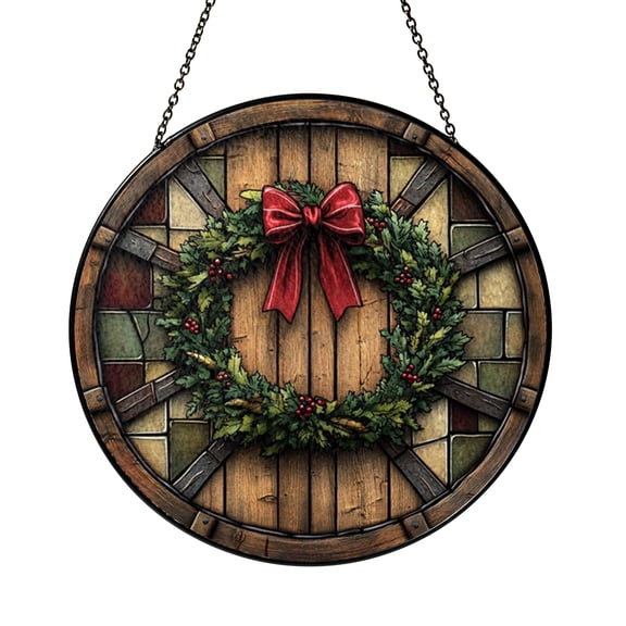 Farmhouse Barn Door Wreath Stained Glass Style Suncatcher, Warm Rustic Window Art for Home Decor