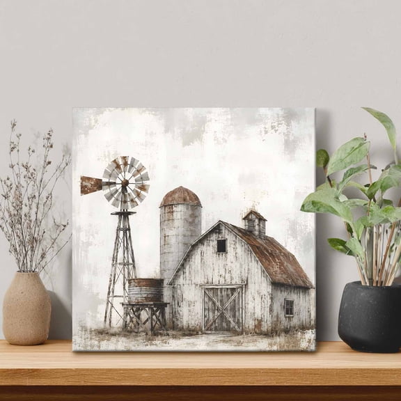 Farmhouse Barn Framed Canvas Wall Art, Vintage Country Rust Windmill Fence Field Wall Art Painting for Living Room Bedroom Home Decor, 12”x12”, Office Artwork Print