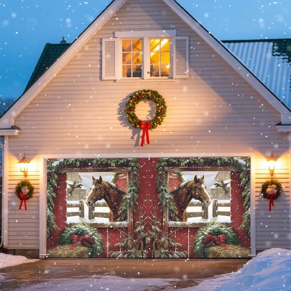 Farmhouse Barn Horse Garage Door Banner Covers, Red Farmhouse Winter Bird Snow Large Hanging Indoor/Outdoor Backdrop Background for Christmas Winter Party Decor, 6.9x8 FT