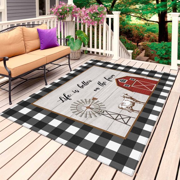 Farmhouse Barn Outdoor Rug 3x5 Ft, Non Slip Washable Area Rug, Vintage Cabin Cow Wood Grain Checkered Patio Rugs Carpet Runner, Large Floor Mat for Indoor/Outdoor Deck Porch Camping