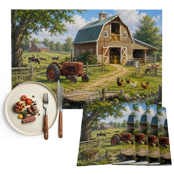 Farmhouse Barn Placemats Set of 4, Farm Countryside Landscape Washable Wipeable Table Mats for Dining Tables, Indoor Outdoor Kitchen Place Mats for Holiday Party Table Decor
