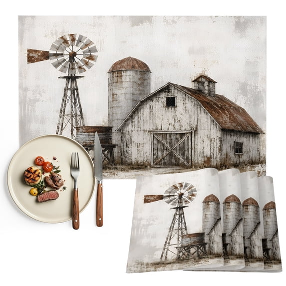 Farmhouse Barn Placemats Set of 6, Country Farm Windmill Rustic Vintage Washable Wipeable Table Mats for Dining Tables, Indoor Outdoor Kitchen Place Mats for Holiday Party Table Decor