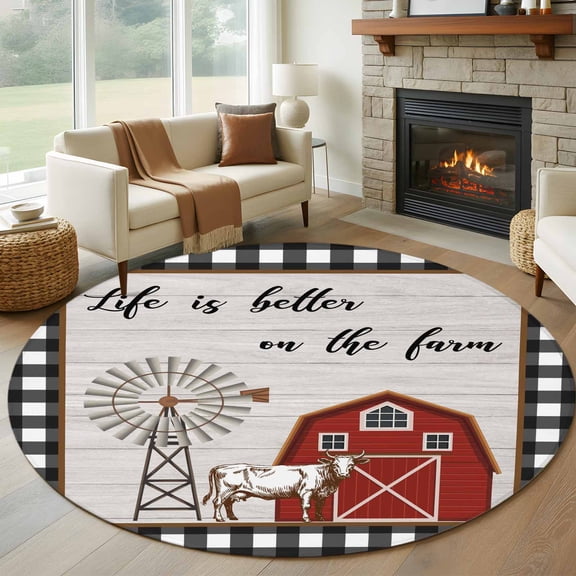 Farmhouse Barn Round Rug 5ft Washable Circle Kitchen Rugs Non Slip Vintage Cabin Cow Wood Grain Checkered Large Area Rug Indoor Floor Carpet for Bedroom Living Room Home Office Dining Room Nursery