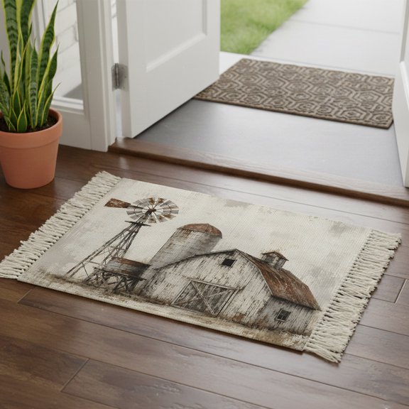 Farmhouse Barn Runner Rug with Tassels 2'x3' Vintage Country Rust Windmill Fence Field Woven Runners for Hallways Washable Rug Runner Floor Carpet for Bedroom Living Room Kitchen