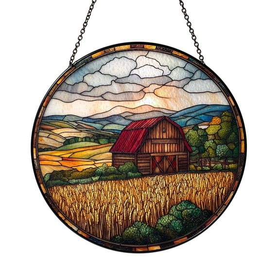 Farmhouse Barn Scene Stained Glass – Decorative Rural Window Art2401