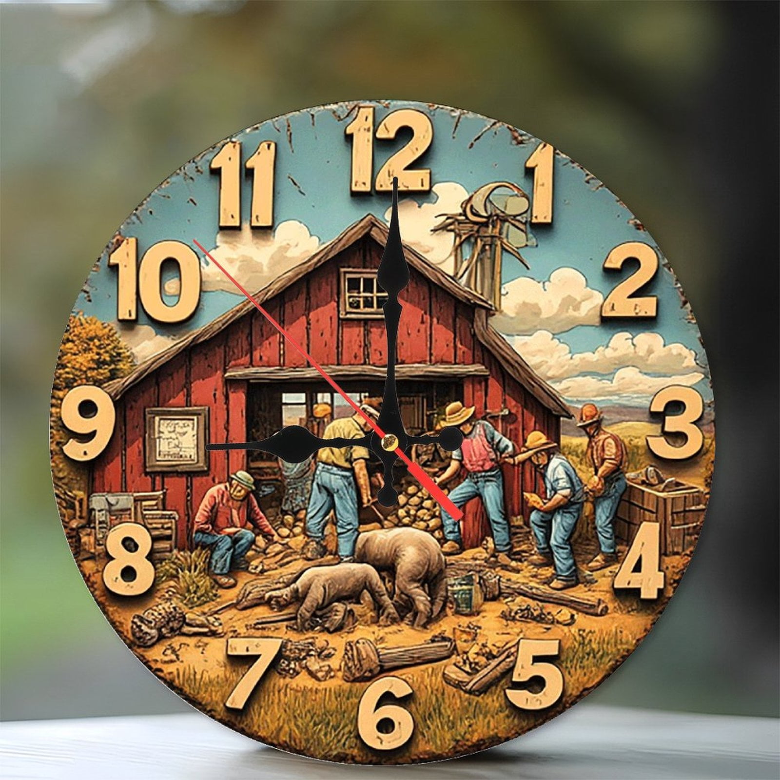 Farmhouse Barn Scene Wall Clock Rustic Home Decor 10-Inch Silent Wooden ...