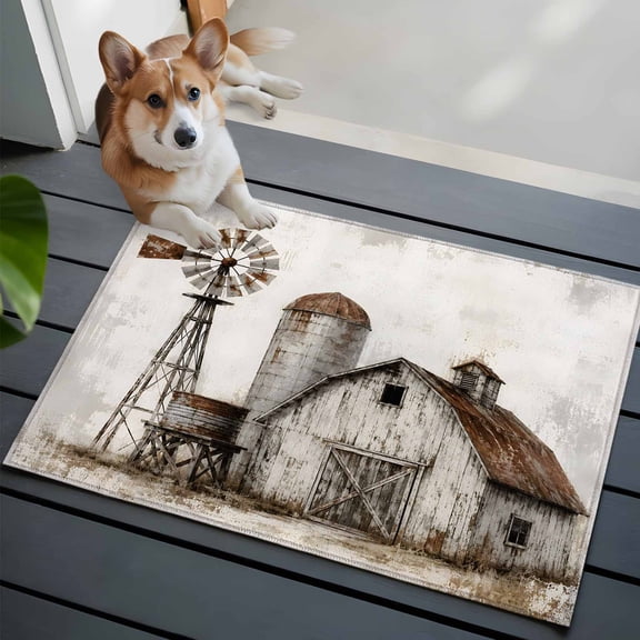 Farmhouse Barn Small Area Rugs 2x3 Vintage Country Rust Windmill Fence Field Entryway Rugs Washable Door Mat, Low-Profile Area Rugs Non Slip Floor Carpet for Living Room Bedroom Home Office