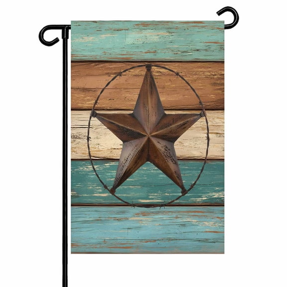 Farmhouse Barn Star Garden Flags for Outside Rustic Brown Teal Wood Texture Double Sided Yard Flags Outdoor House Decoration, Small 12X18 Inch,