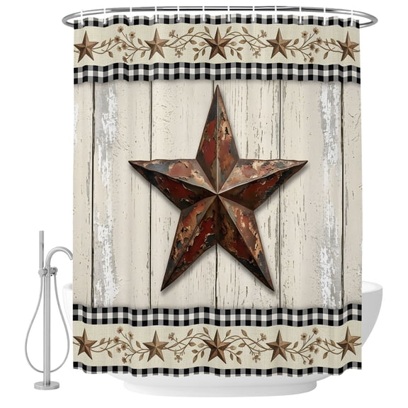 Farmhouse Barn Star Shower Curtain Rustic Beige Wood Planks Waterproof Fabric Shower Curtain Set with 12 Hooks, Bathroom Curtains for Farmhouse Home Hotel Holiday Decor, 36" W x 72" L