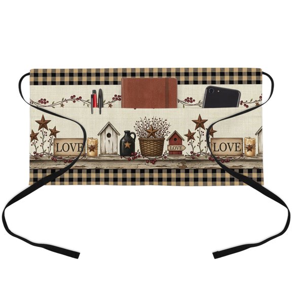 Farmhouse Barn Waitress Apron with 3 Pockets, Rustic Vintage Star Berry Candle Gingham Server Aprons Waterproof Kitchen Restaurant Half Waist Apron for Men Women