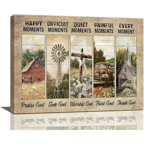 Farmhouse Barn Wall Art Rustic Cross Pictures Wall Decor Vintage Truck Canvas Country Church Painting Prints Framed Artwork for Bedroom Living Room Kitchen 12"x16"