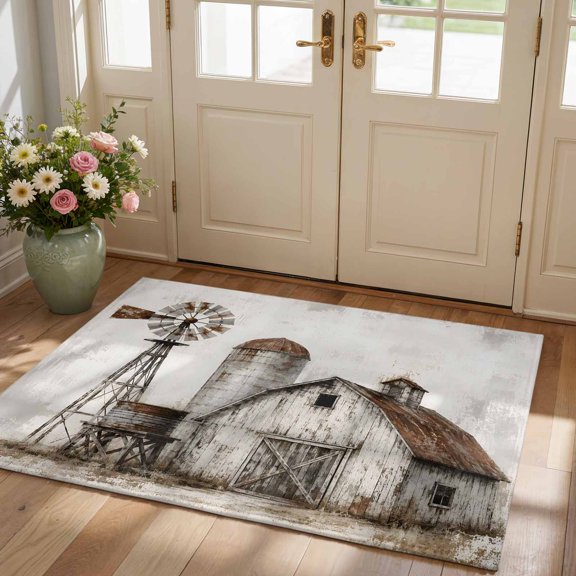 Farmhouse Barn Washable 2x3 Entryway Rug, Ultra-Thin Vintage Country Rust Windmill Fence Field Door Mat Indoor Entrance, Non Slip Small Area Rug, Low Pile Floor Carpet for Kitchen Bathroom Bedroom