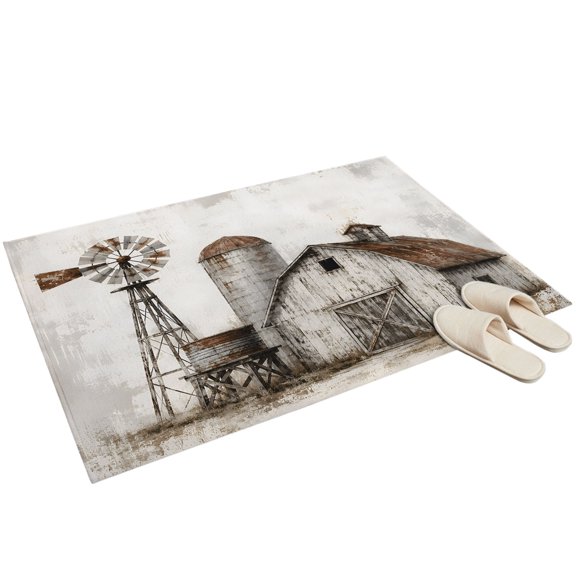 Farmhouse Barn Washable Area Rug 2 x 3 ft Vintage Country Rust Windmill Fence Field Soft Non‑Slip Rugs Stain Repellent Indoor Mats for Front Door, Narrow Hallway, Kitchen Doorway, Bedside