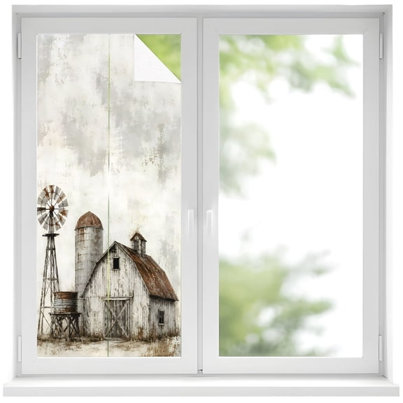 Farmhouse Barn Window Privacy Film 19.6x39.3in Vintage Country Rust Windmill Fence Field Decorative Window Film with Static Cling, UV Filtering Window Cling Privacy Film for Glass Doors and Windows