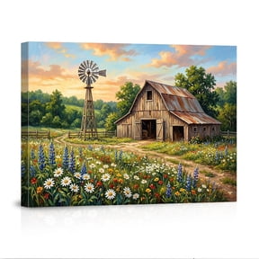 Farmhouse Barn With Windmill And Wildflowers Rustic Sunset Landscape For Home Canvas