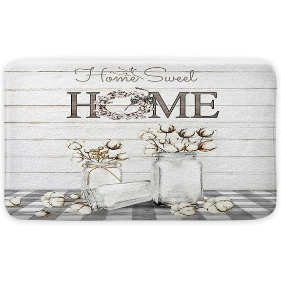 Farmhouse Bath Rug,Modern Floral Cotton Flower on Buffalo Plaid Check Non Slip Bath Mats,Gray Barn Wooden Rustic Farm Bath Rug Sets for Bathroom Bedroom Kitchen Outdoor Indoor 30"x18"