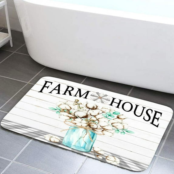 Farmhouse Bath Rugs, Modern Floral Cotton Flower on Black and White Buffalo Plaid Check Bath Mats, Gray Barn Wooden Rustic Farm Style Non Slip Bathroom Rug Accessories Shower Mat for Kitchen, (17X29)