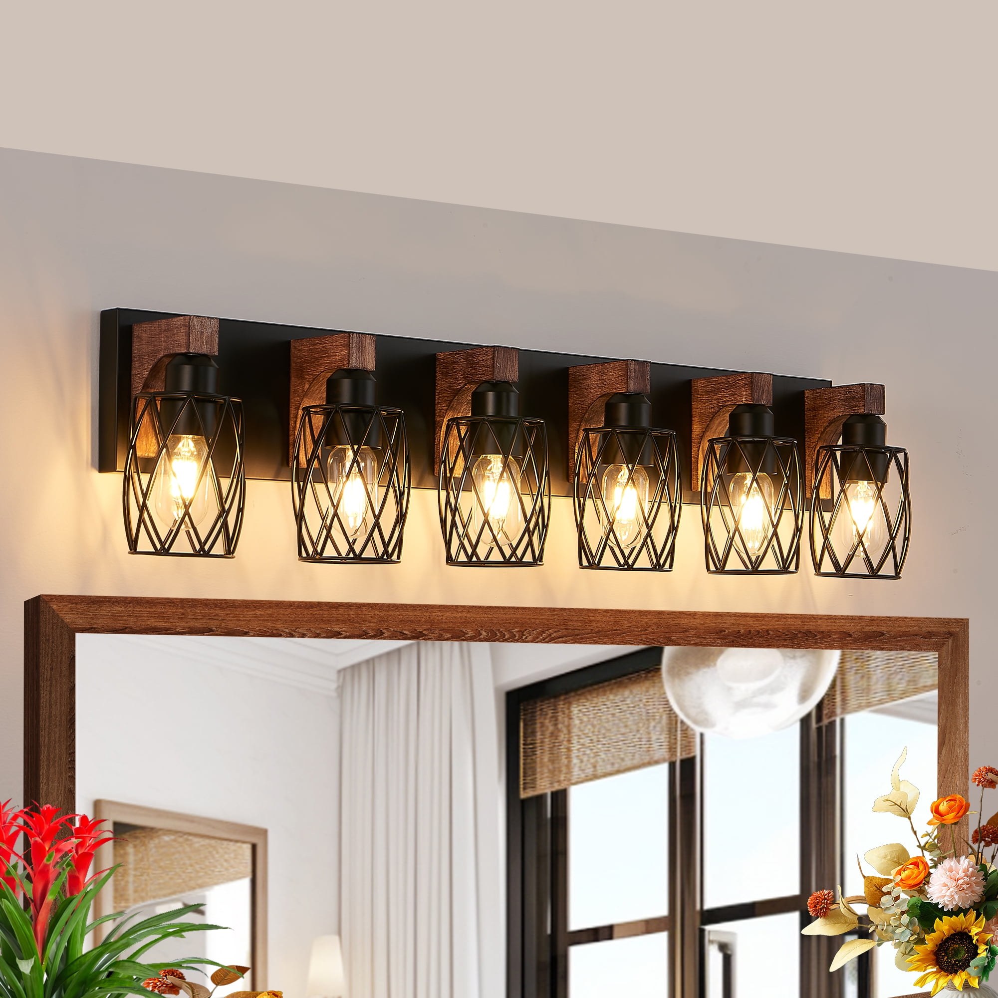 Farmhouse Bathroom Bathroom Vanity Light , 6 Light with Metal and Glass Lampshade, Wood Rustic Lighting Fixtures Over Mirror（37.6inch）