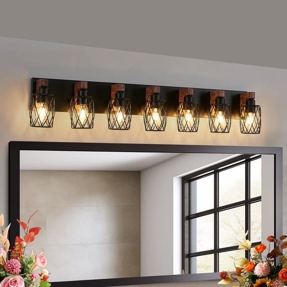 Farmhouse Bathroom Bathroom Vanity Light , 7 Light with Metal and Glass Lampshade, Wood Rustic Lighting Fixtures Over Mirror44.3inch