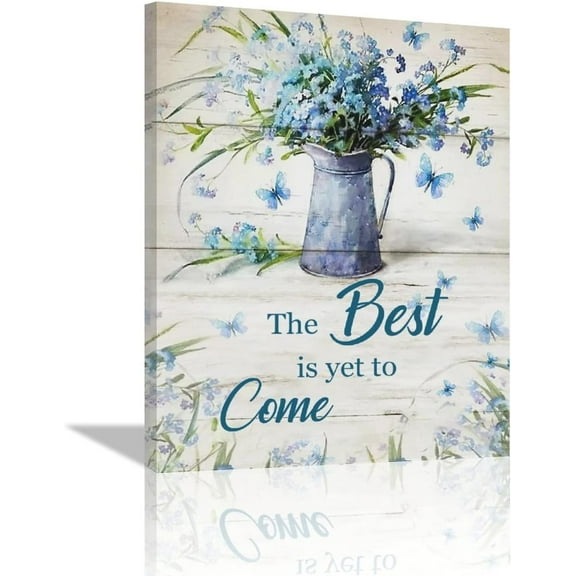 Farmhouse Bathroom Blue Floral Wall Art Rustic Flower Pictures Wall Decor Country Floral Butterfly Positive Canvas Prints Painting Modern Home Framed Artwork for Living Room Bedroom Office 12"x16"