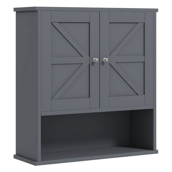 Farmhouse Bathroom Cabinet, Wall Mounted Medicine Cabinet with Barn Doors & Adjustable Shelf, Gray