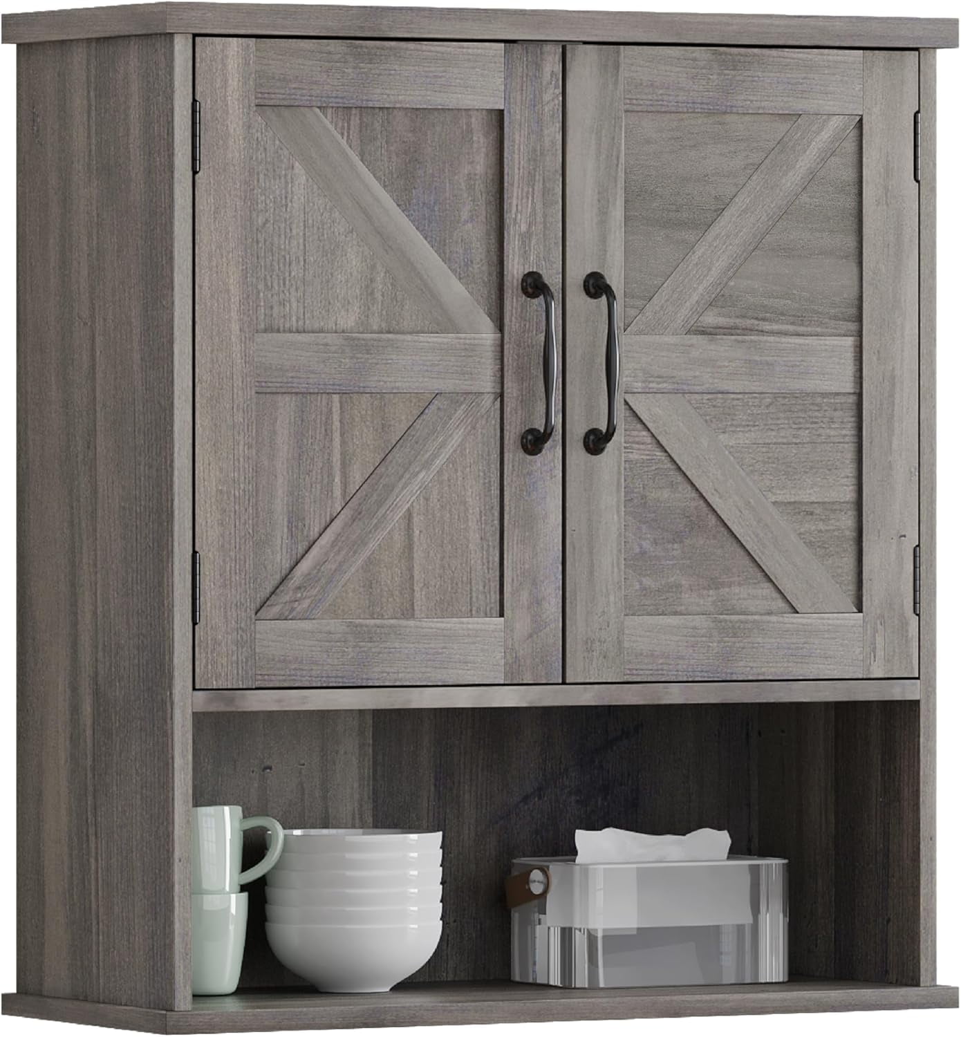 Farmhouse Wall Mounted Cabinet, Washed Grey Small Medicine Cabinet with ...