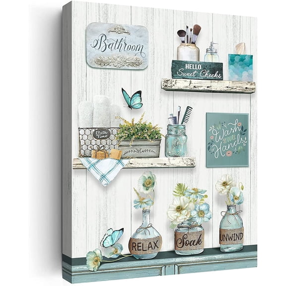 Farmhouse Bathroom Canvas Wall Art with Quote, Rustic Flower and Butterfly Artwork, Country Bathroom Decor Canvas Print, “Soak Relax Unwind” Framed Wall Art, Ready to Hang