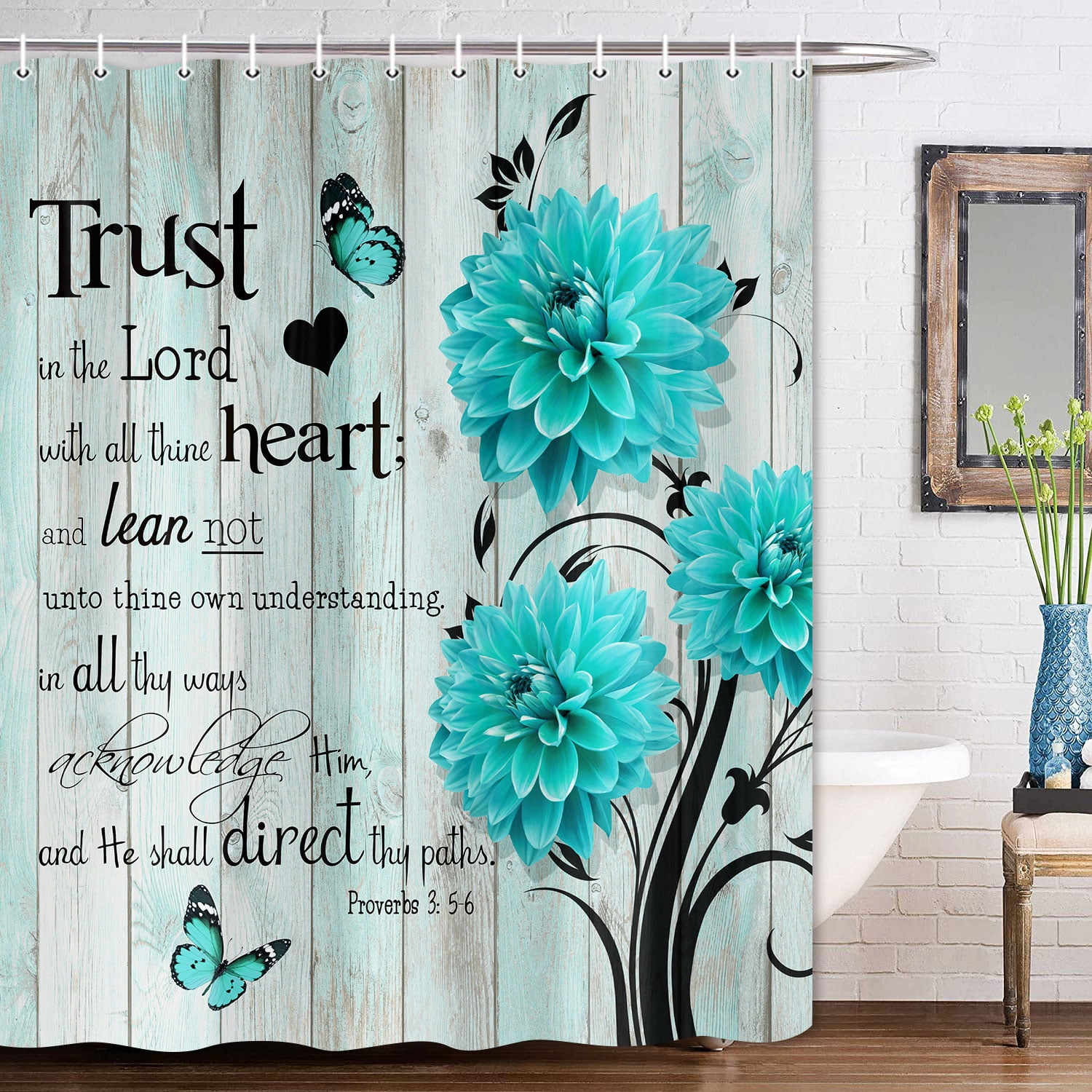 Farmhouse Bathroom Curtain Flower Butterfly Shower Curtains Rustic Teal Turquoise Floral Shower Curtain,Inspirational Quote Shower Curtain,Washable Fabric Shower Curtain Set with Hooks 72X84in