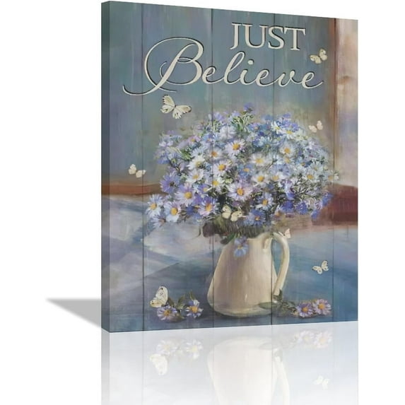 Farmhouse Bathroom Daisy Floral Wall Art Rustic Purple Flower Pictures Wall Decor Just Believe Butterfly Canvas Prints Painting Modern Home Framed Artwork for Living Room Bedroom Office 12"x16"