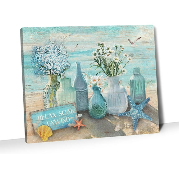 Farmhouse Bathroom Decor Canvas Wall Art Coastal Beach Picture Wall Art Blue Flower Paintings Office Decor for Women Artwork Print Blue For Living Room Bedroom Kitchen Ready To Hang12 x16inch