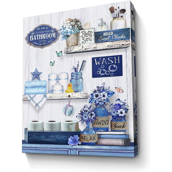 Farmhouse Bathroom Decor Wall Art Blue Bathroom Picture Country Flower Wall Decor Painting Framed Modern Artwork for Bedroom Bathroom Office Home Decor 12x16 inch