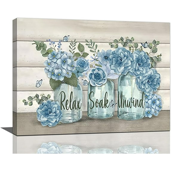 Farmhouse Bathroom Decor Wall Art Blue Flower Pictures Wall Decor Relax Soak Unwind Bathroom Sign Canvas Painting Prints Artwork Home Decorations Framed for Bedroom 12inx16in