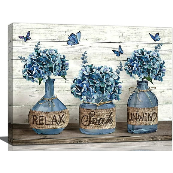 Farmhouse Bathroom Decor Wall Art Blue Hydrangea Bathroom Pictures for Wall Rustic Country Bathroom Canvas Prints Bathroom Sign Artwork Modern Home Decor for Bathroom Framed Ready to Hang 12"x16"