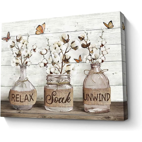 Farmhouse Bathroom Decor Wall Art Cotton Flower Picture Wall Decor Rustic Mason Jar Farmhouse Style Painting Framed Modern Artwork For Living Room Bedroom Bathroom Office Home Decor 12x16 In