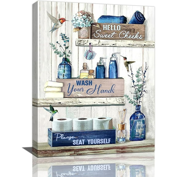 Farmhouse Bathroom Decor Wall Art Country Bathroom Hummingbird Canvas Print Painting Blue Rustic Bathroom Pictures Bathroom Sign Office Home Artwork Decoration for Restroom Toilet 12"x16"