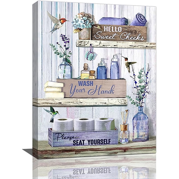 Farmhouse Bathroom Decor Wall Art Country Bathroom Hummingbird Canvas Print Painting Purple Rustic Bathroom Pictures Bathroom Sign Office Home Artwork Decoration for Restroom Toilet 12"x16"