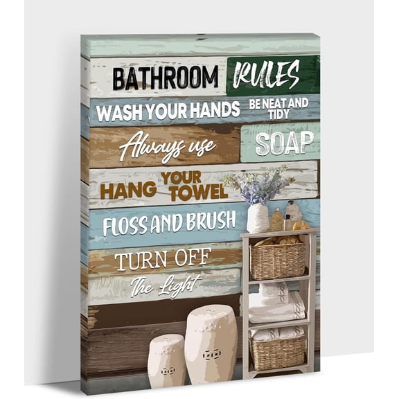 Farmhouse Bathroom Decor Wall Art -Funny Bathroom Rules Sign Canvas Print Picture For Rustic Home Decor, Rustic Style Painting, Framed Poster Bath Artwork For Country Room Wall Decoration 12x18 Inches