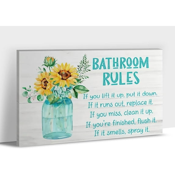 Farmhouse Bathroom Decor Wall Art -Funny Bathroom Rules Sign Canvas Print Picture For Rustic Home Decor, Rustic Style Painting, Framed Poster Sunflower Artwork For Country Room Wall Decor 12x18