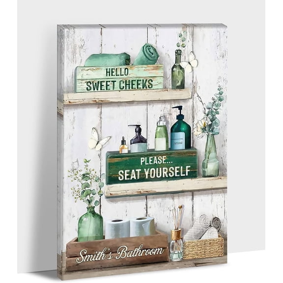 Farmhouse Bathroom Decor Wall Art - Funny Bathroom Sign Canvas Print Picture For Rustic Home Decor, Rustic Style Painting, Framed Poster Flower Artwork For Country Room Wall Decoration 12x18 Inches